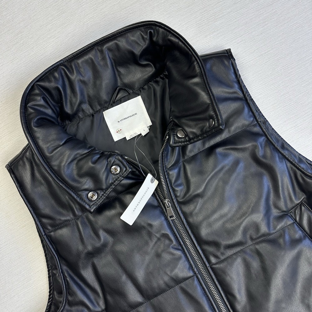 NWT Anthropologie Vest Black Faux Leather Quilted Puffer Full Zip Crop Women S - Picture 2 of 10